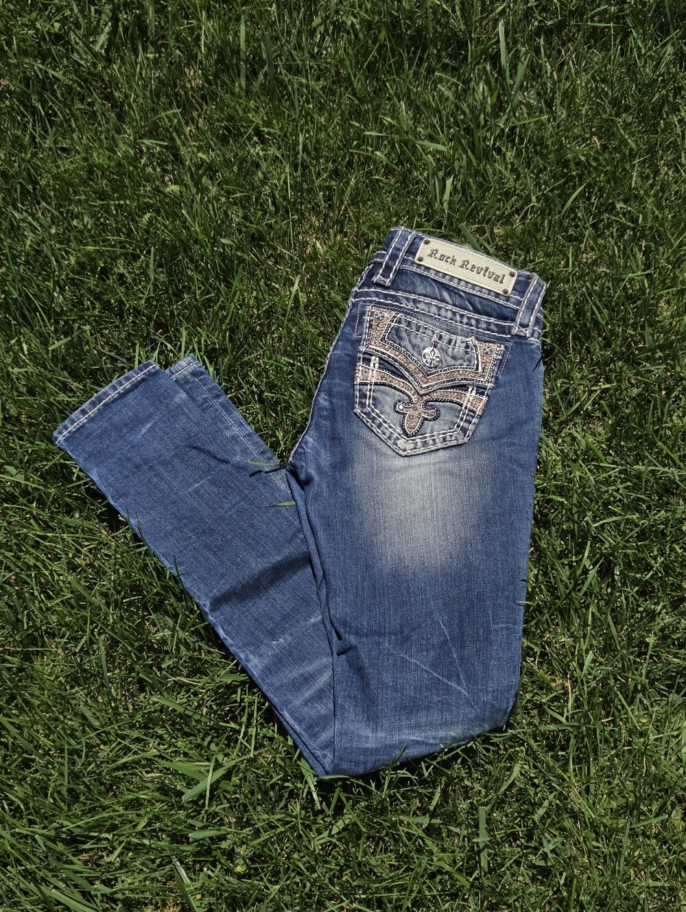 Rock Revival Celina Skinny Jeans Embroidered Rhinestone Flap Pocket Size 25